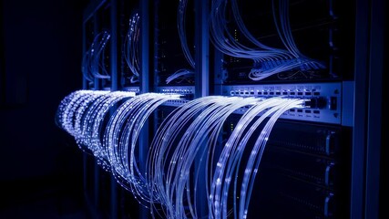 Luminous fiber optic cables elegantly connect to network servers, illuminating a data center with the promise of high speed data transmission and advanced network infrastructure - Powered by Adobe