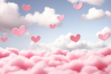 dreamy sky filled with pink heart shaped clouds under soft blue background