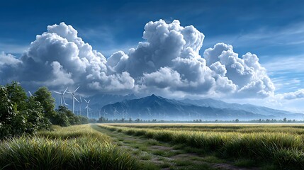 Dramatic clouds drift over a beautiful summer landscape with green fields, blue sky, and distant mountains
