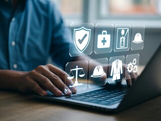 Person using laptop with digital icons for safety and health hands technology