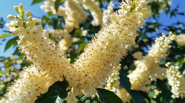 Creamy Delight:  Close-Up of Exquisite  Flowering Clethra Tree Blossoms in Sunlight