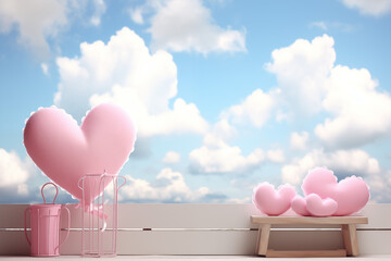 heart shaped pink balloons floating on rooftop balcony under blue sky