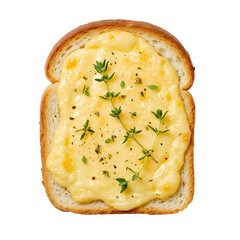 Delicious cheese rarebit toast with herbs on transparent background