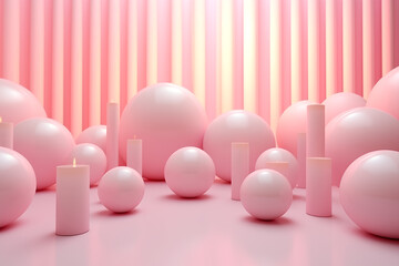 abstract 3d pink spheres floating against striped pastel pink wall background