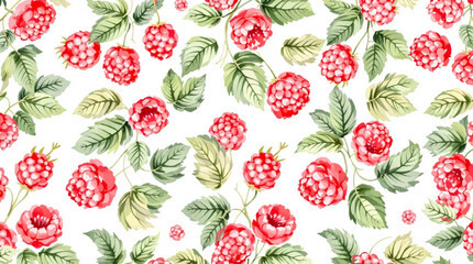 Watercolor pattern featuring raspberries white background	