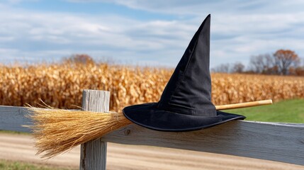 Fototapeta premium Black Witch Hat on Fence Post with Fall Cornfield Background