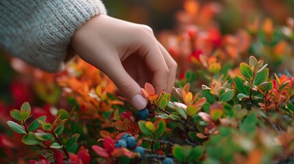 Person picking blueberries in a vibrant autumn garden filled with colorful foliage
