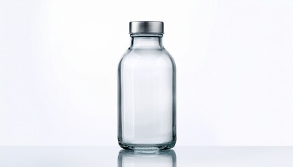 empty clear glass bottle with silver cap on white background