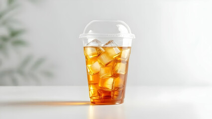A clear plastic cup filled with iced tea sits on a white surface against a white background