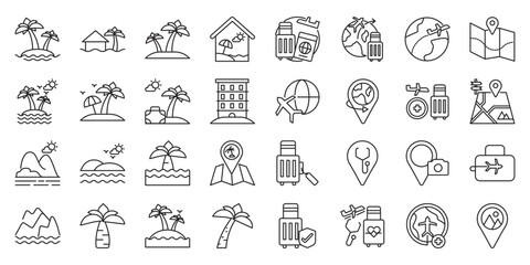 Island Tourism Destinations set of web icons in line style. island tourism, tropical islands, island destinations, beach travel and island vacation. Vector illustration