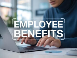 Person using laptop with employee benefits displayed on screen human resources employment
