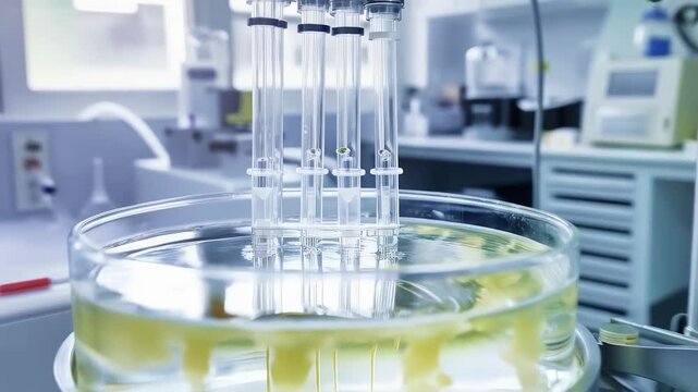 Automated lab equipment testing dissolution in a transparent liquid, showcasing precision and efficiency in modern pharmaceutical research