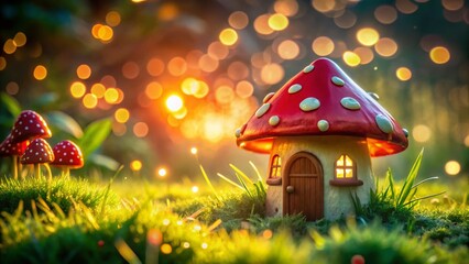 Cute Red Mushroom House in Magical Sunrise - Fantasy Cottage Stock Photo
