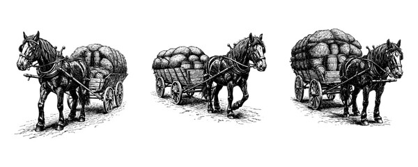 Vintage Workhorse with Loaded Cart - Historical Engraving Set