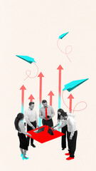 Surreal composition. Five business people collaborate around a red square table with laptops, with...