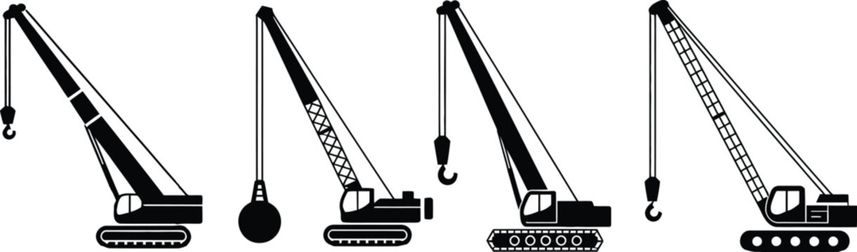 Collection of black silhouette construction cranes and wrecking ball 