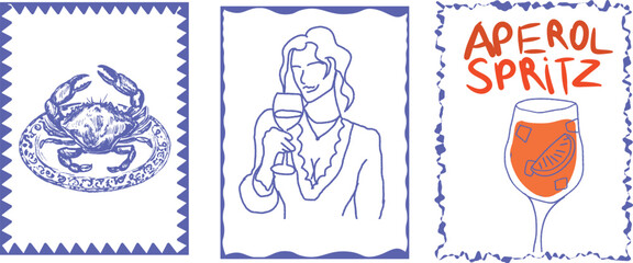 Graphic design featuring three illustrations: a crab on a plate, a woman holding a drink, and a glass of Aperol Spritz with orange slices. Concept of Italian cuisine, cocktail culture, and elegant din