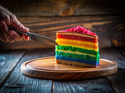 Silhouette Hand Slicing Rainbow Cake - Delicious Dessert Stock Photo