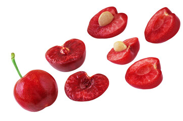 Red Cherries explosion isolated on white. Flying sweet cherry berries. Levitating. Top view. Flat...