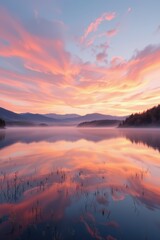Obraz premium Serene Sunset Over Calm Lake Surrounded by Mountains and Colorful Clouds