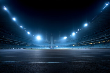 Stadium floodlights illuminate empty track running track