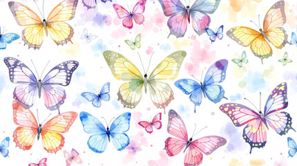 Seamless pattern with abstract watercolor butterflies and wildflowers, hand drawn illustration of delicate design elements on ivory background for textile, wallpapers or garden background.