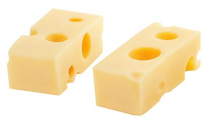 Cow's Cheese cubes isolated on white. Swiss holey maasdam cheese piece. Cheese chunks close up.