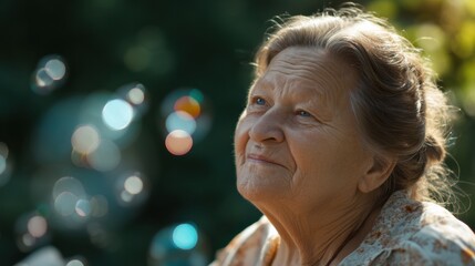 Serene elderly woman gazes upward, her expression filled with joy and nostalgia as colorful bubbles float around her in sunlit garden. scene captures moment of tranquility and wonder