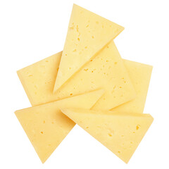 Flying Cheese triangle pieces isolated on white. Levitating cheese. Holey Cheese Explosion. Top view. Flat lay.