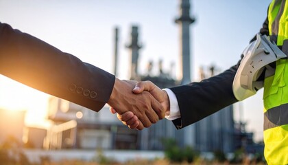 Two men in suits handshake in front of a power plant one wears a safety vest and holds a hard hat
