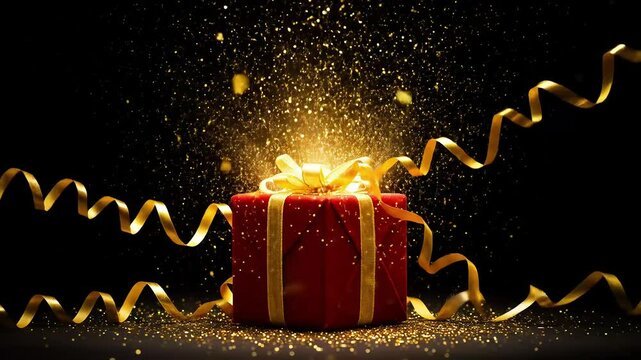 Red gift box with gold ribbon and glitter on black background.