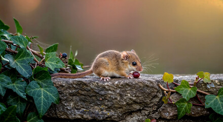 a cute garden dormouse (eliomys quercinus) eating a berry on a stone wall