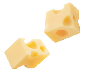 Flying Cheese piece isolated on white. Levitating cheese cubes. Holey Cheese Explosion. Top view. Flat lay.