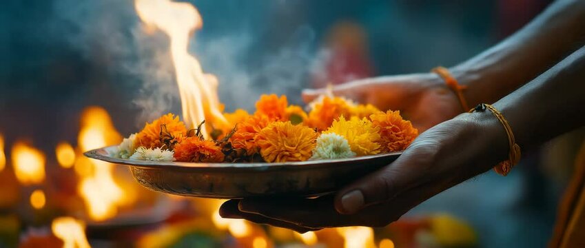 During the Aarti ceremony, a hand carries a tray filled with flowers and flames.