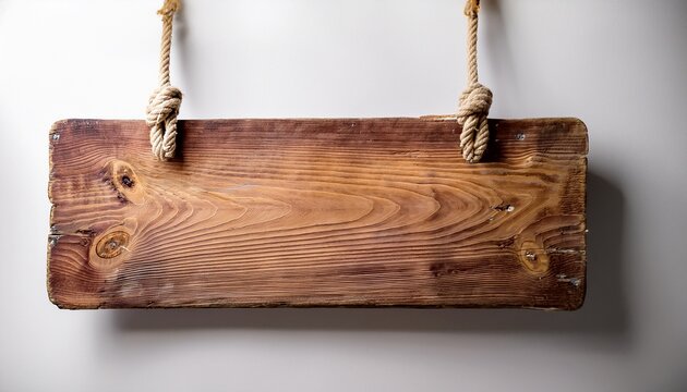 panneau suspendu en bois rustique accroche a une corde fond blanc avec espace vide central pour texte ou signaletique espace negatif copyspace