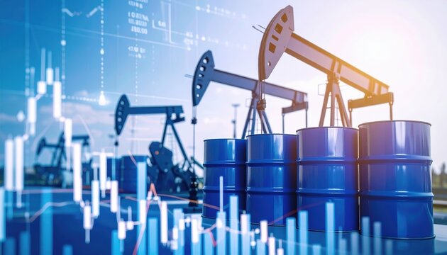 Blue oil drums stand before pumpjacks with overlaid financial stock market chart displaying candlestick patterns