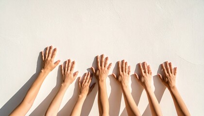 Several female hands with open palms reach upward against a white textured wall casting shadows illuminated by strong