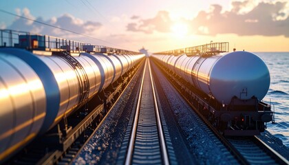 Two parallel trains composed of silver tank cars sit on adjacent tracks leading towards the sunset over the ocean water