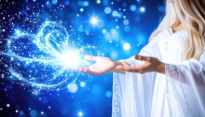 Woman in white gown holding a glowing orb with sparkling stars against a blue background