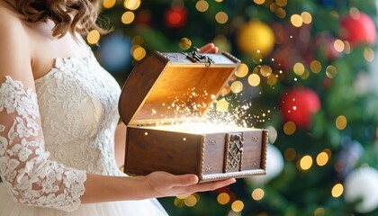 Woman in white dress opens a wooden chest with glowing light against a blurred Christmas tree background festive