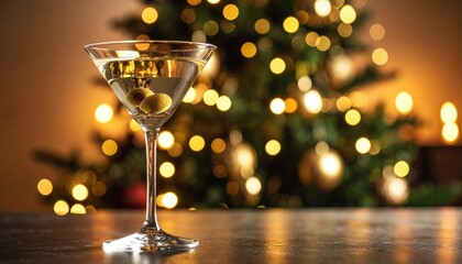 Classic martini glass with olives rests on a table Christmas tree with golden bokeh lights in soft focus on background
