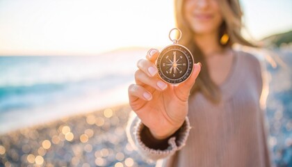 Woman's hand holds a compass on a beach the ocean and blurred horizon are visible in the background with a golden light