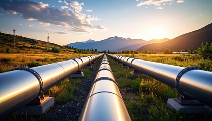 Elevated metal pipelines stretch across a grassy field towards distant snow capped mountains at sunset