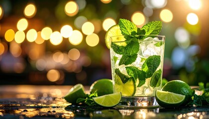 Mojito cocktail with ice cubes limes and mint leaves placed on a dark surface out of focus golden lights on the
