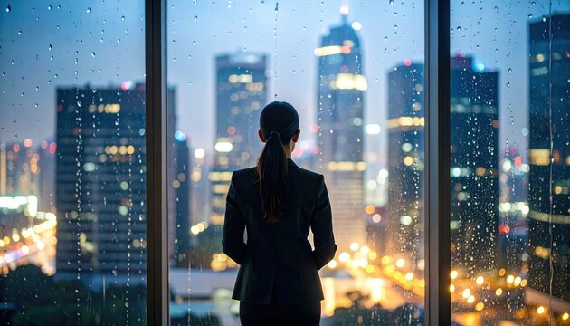 Back view of a woman in a suit looking out a large window at a city skyline at night with raindrops on the glass