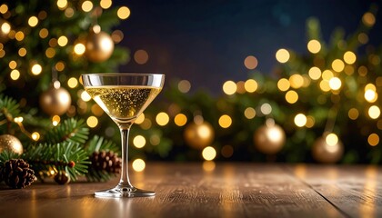 Champagne in a martini glass on a wooden surface with a decorated Christmas tree and blurred golden lights in the