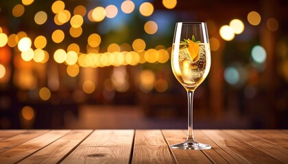 Champagne in a flute glass with an orange slice on a wooden table with blurred bokeh background of warm lights
