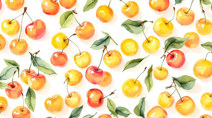 Watercolor yellow cherries on white background seamless vector pattern	