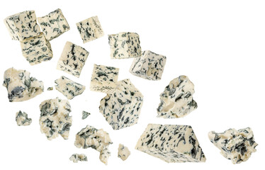Flying Blue Cheese pieces isolated on white. High-Quality Levitating Blue cheese slices. Mold...