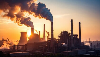 Industrial complex with multiple chimneys emitting smoke against an orange sky pollution visible at sunset industrial